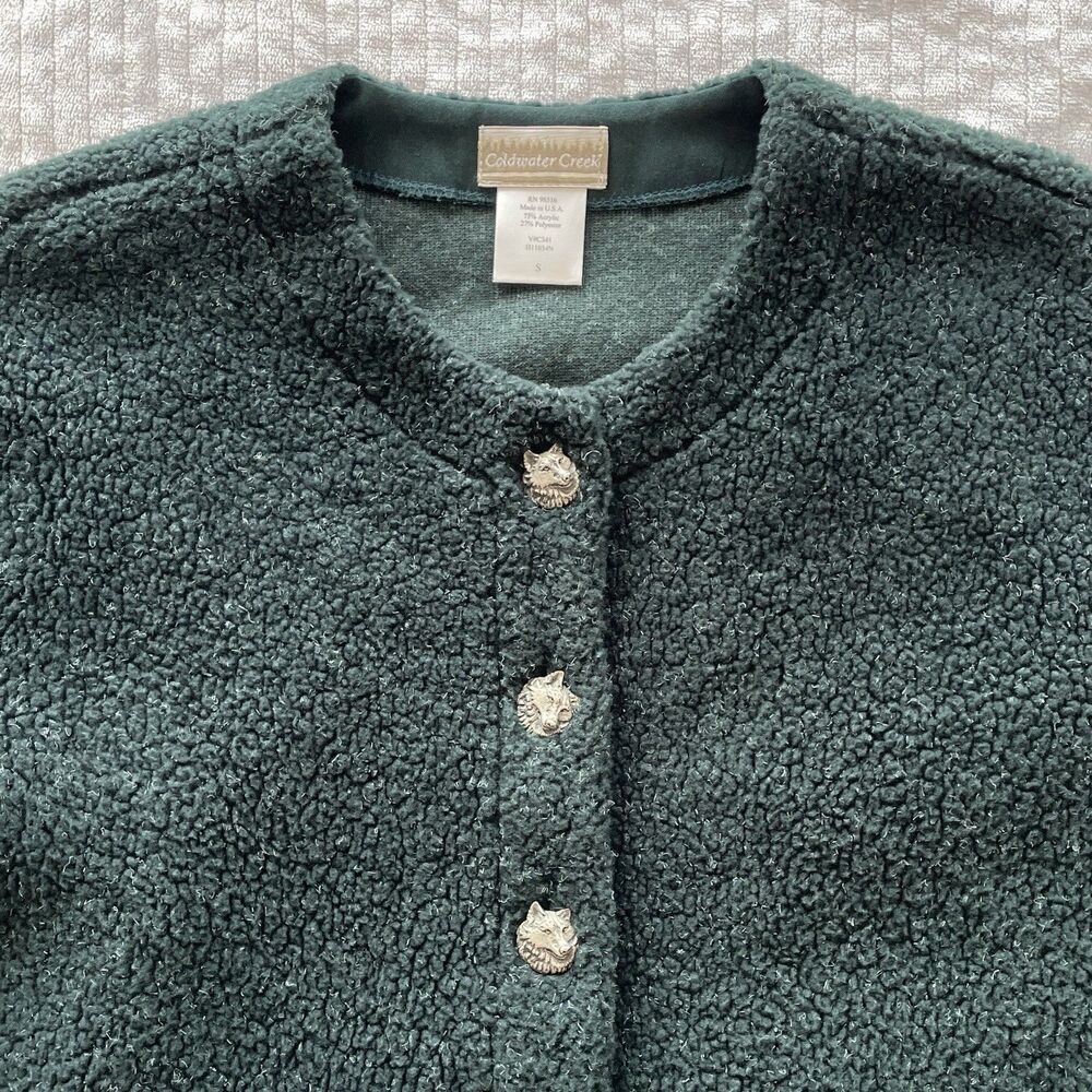 90s Vintage Coldwater Creek Green Sherpa Cardigan Jacket Wolf Buttons Womens S - Picture 3 of 11